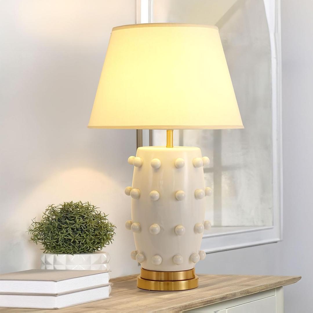 Modern Ceramic Linden Table Lamp - 30" White Ball Farmhouse Design, Classic Nightstand Large Linden Lamp Tapered Drum Shade for Living Room, Bedroom, Office, and Home White