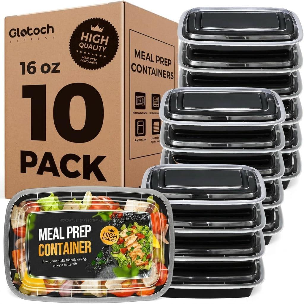 Glotoch 16oz 10-Pack Meal Prep Containers with Lids Reusable, plastic food storage containers sturdy leakproof, Microwave/freezer/dishwasher safe to go food containers, Black