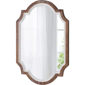 Farmhouse Oval Mirrors for Wall 16 X 22 Inch, Hanging Vintage Oval Mirrors for Bathroom, Distressed White Rustic Wood Framed Entryway Mirror with Scalloped Corner Living Room