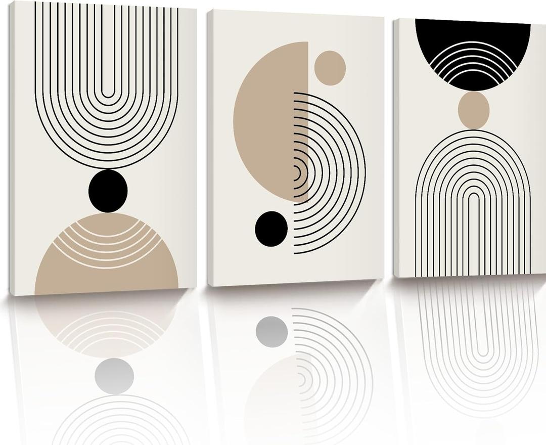 HesenDot Abstract Geometric Wall Art Set of 3, 30x40CM Minimalist Line Framed Canvas Prints, Boho Modern Neutral Beige Black Shapes Wall Decor for Living Room Bedroom Bathroom Office Home