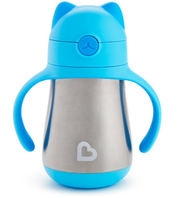 Munchkin Cool Cat Sippy Cup with Straw for Toddlers, Stainless Steel Straw Cup, 8 Ounce, Blue