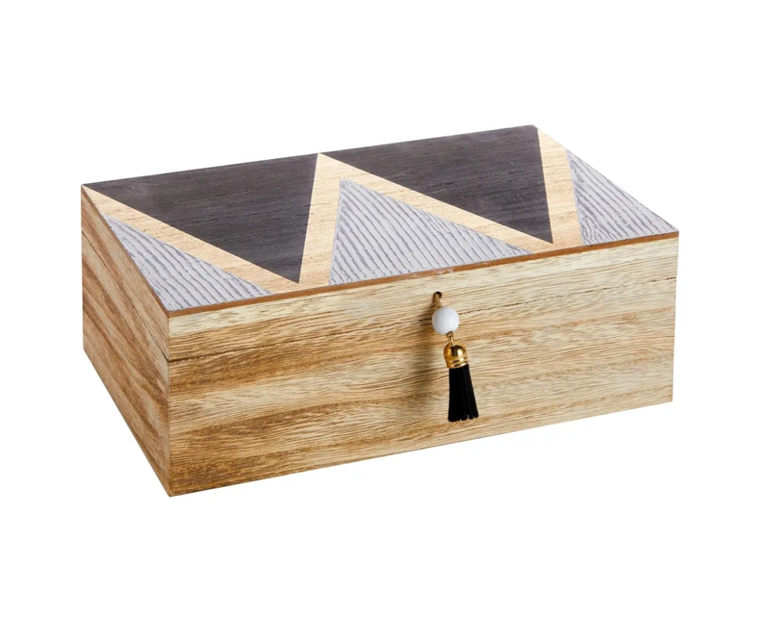 Juvale Small Wooden Decorative Box with Hinged Lid & Tassel, Jewelry & Trinket Storage - Wooden Jewelry Box - 9.4 x 6 x 3 Inches
