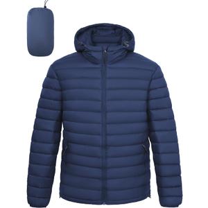 Men's Lightweight Packable Puffer Jacket Hooded High Collar Insulated Water-Resistant Winter Jackets Puffy Coat (Blue, XL)