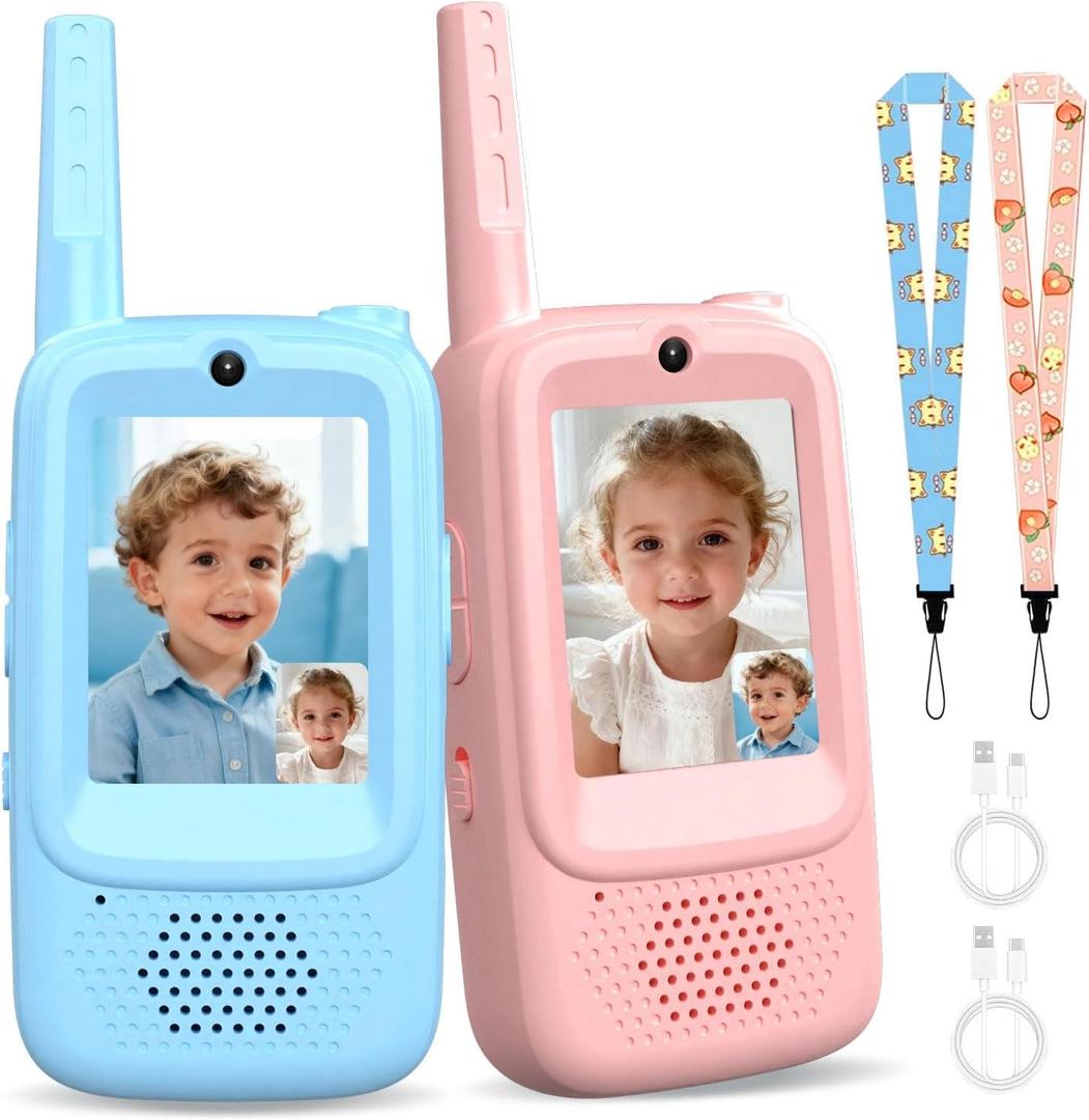 Video Walkie Talkies for Kids, Handheld 2 Pack Rechargeable Kids Walkies Talkies, Indoor Outdoor Toys for Camping, Travel, Hiking, Christmas Birthday Gifts for Boys Girls Ages 3-12 (Blue/Pink)