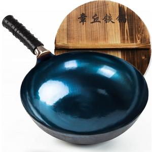 14 Inch Hand Hammered Carbon Steel Wok, Round Bottom Traditional Chinese Wok with Rubber Handle & Lid, Uncoated Non-Stick Wok for Home Cooking, Camping & Gift