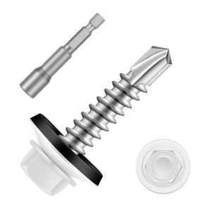 #10 x 1 Zinc Plated Steel Self Drilling Roofing Screws, Hex Head Self Tapping Screws with EPDM Washer, White Head, 100 PCS