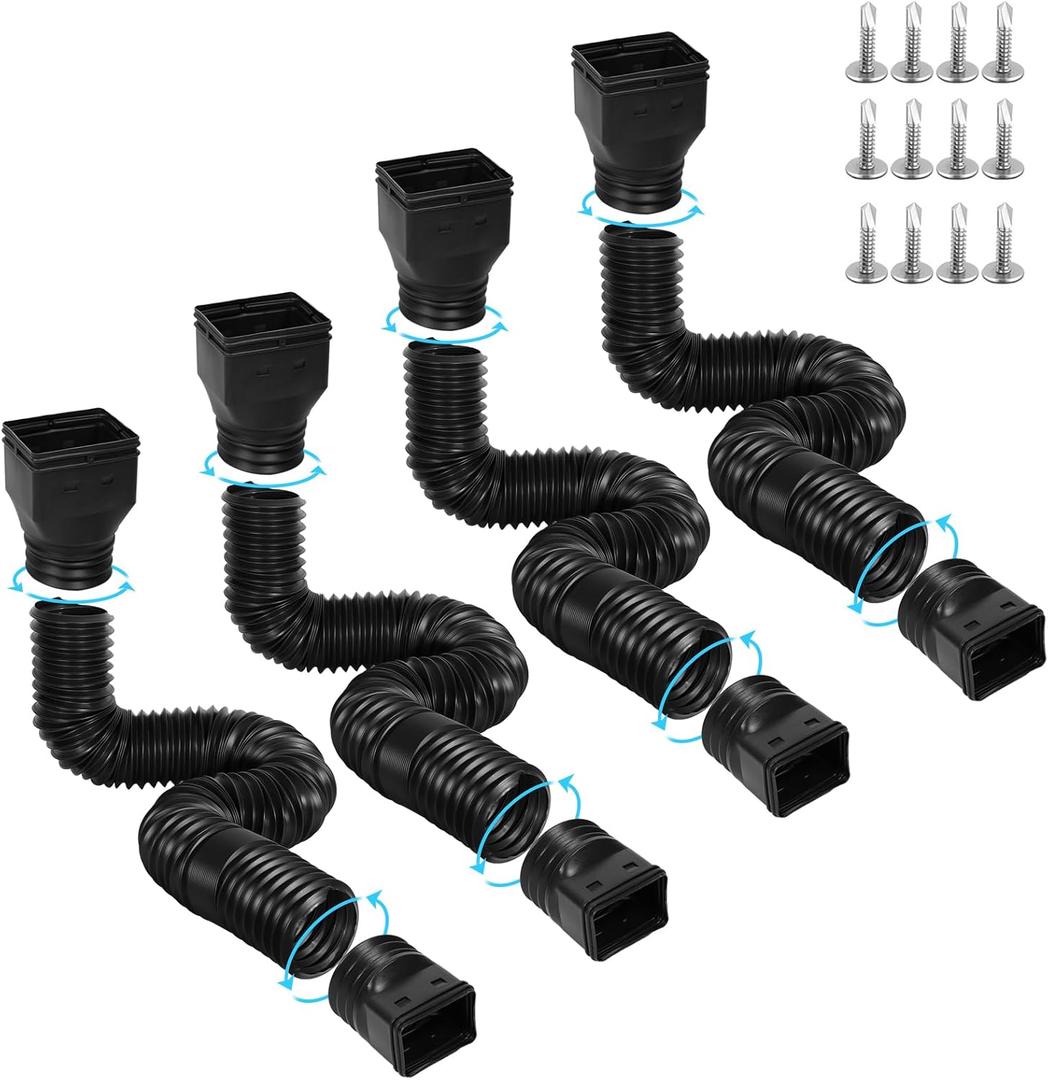Gutterlix 4 Pack Flexible Gutter Downspout Extensions Extendable from 21" to 67", Downspout Extender Comes with Adapters, Thickened Down spout Drain Extension for Rainwater Drainage(Black)