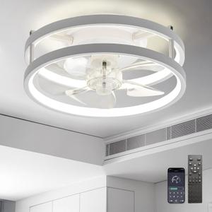 13" Small Ceiling Fan with Light with Remote Low Profile Flush Mount Modern Fandalier, LED Fan Light, Compact Ceiling Fans Lighting for Bedroom Small Room White