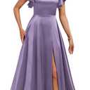IIF Women's Square Neck Bridesmaid Dresses with Ruffle Sleeves Satin A Line Long Formal Evening Dresses with Slit Blush Pink US Size 12 IIF134