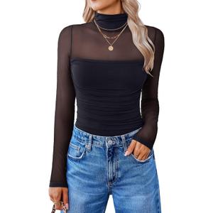 Avidlove Women Long Sleeve Bodysuit Turtle Neck Shapewear Body Suits Mesh One Piece Leotard Shirt Going Out Tops Fall Outfits (Large, Black)