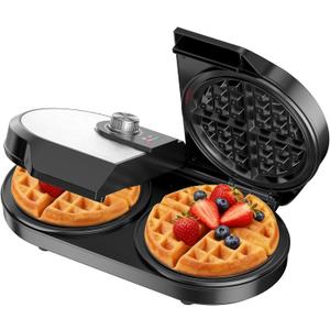 Double Waffle Maker, Belgian Waffle Maker, 6.5 Inch Waffle Iron with 2 Independent Adjustable Temp Knobs & Indicator Lights, Easy-Clean Nonstick Plates, Stainless Steel, Black