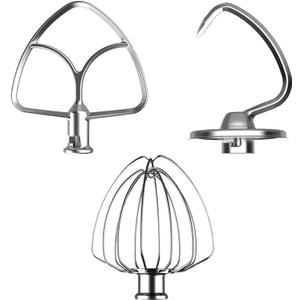 3 Pack Stainless Steel Mixer Attachments Set for KitchenAid 4.5-5 Quart Tilt-Head Stand Mixers, Replacement Parts Kit with K45DH Dough Hook, K45B Coated Flat Beater, K45WW Wire Whip, Dishwasher Safe (Silver)