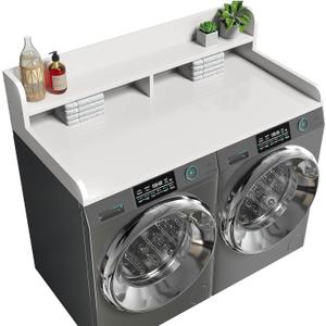 2-Tier Washer Dryer Countertop with 2.75"H Edge Rails, 54" W x 27.55" D Laundry Countertop for Folding Clothes, Washer and Dryer Topper with Non-Slip Pad (White), Standard-2 Tier