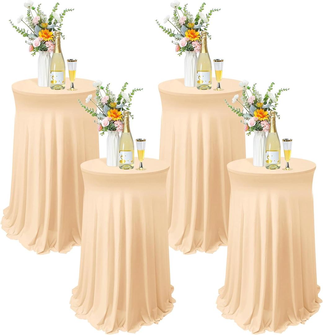 Tegeme 4 Packs Round Spandex Cocktail Tablecloths with Skirt 32 x 43 Inch Cocktail Round Table Cover Spandex Stretch Square Tablecloth Skirt for Table Bar Wedding Party Banquet (Champagne)