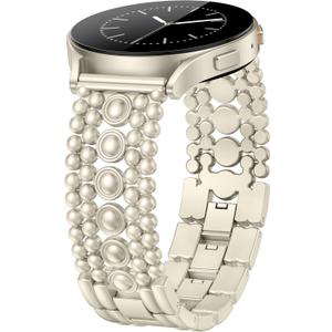 Minyee Compatible with Samsung Galaxy Watch 7 6 5 4 FE 40mm 44mm/Watch 6 Classic 43mm 47mm/Watch 5 Pro 45mm Band Women, 20mm Pretty Dressy Stainless Steel Metal Adjustable Round Studded Link Bracelet (Champagne Gold)