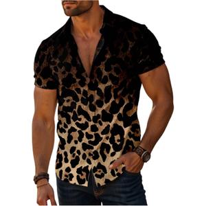 Verdusa Men's Leopard Print Button Down Shirt Short Sleeve Collar V Neck Casual Shirts (XLarge)