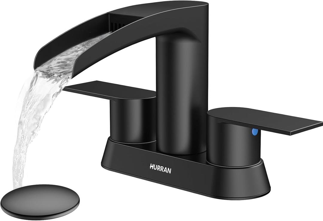 Bathroom Sink Faucet for 3 Hole, Hurran 4 Inch Bathroom Faucets with Pop-up Drain, Stainless Steel 2-Handle Waterfall Faucet for Bathroom Sink, Matte Black