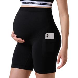 Momcozy Women Seamless Knit Maternity Biker Shorts with Pocket 6" Over Belly High Waisted Thick Pregnancy Yoga Shorts (Black, XL)