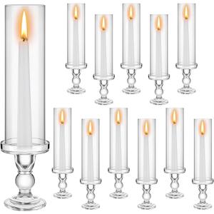 Havawish 12 Pcs Glass Candle Stick Holder 13.8 Inch Tall Hurricane Clear Holders Taper Candles Stands with Open Ended Chimney Tube for Wedding Party Decoration
