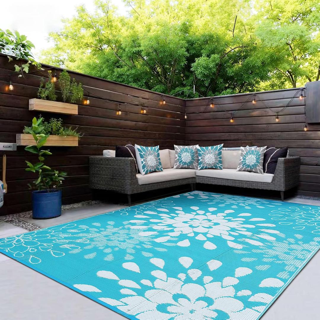 Wallona Outdoor Rugs 9x12 ft Patio Waterproof Clearance Indoor Outdoor Large Carpet for Patio Plastic Straw Reversible Area Rugs Mat for RV, Camping, Balcony, Beach, Picnic, Porch, Flower Teal & White