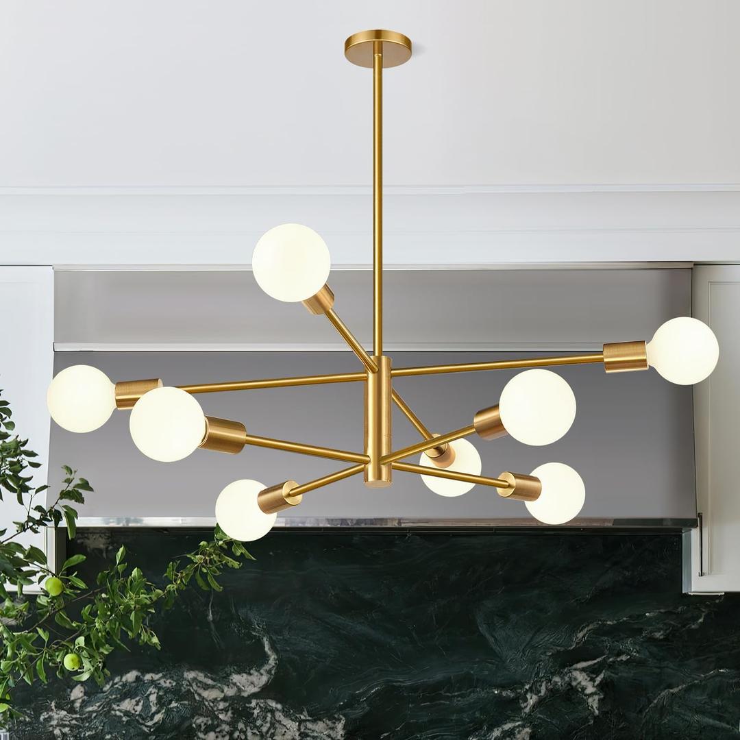 30" Modern Chandelier Ceiling Light Fixture, 8-Light Sputnik Chandeliers Brushed Gold Mid Century Chandelier Over Table, Height Adjustable Chandeliers for Dining Room Kitchen (Bulbs Not Included)