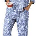 PrinStory Women's Pajama Set Capri Pjs Sets 2 Piece Soft Lounge Sets Sleepwear with Pockets, L
