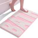Pink and White Bathroom Rugs, Bath Letters Non Slip Bathroom Mat, Soft Absorbent Cute Bath Mat, Machine Washable Quickly Dry Comfortable Bathmat for Bathtub, Bedroom, Shower, Living Room (16 x 24 in)