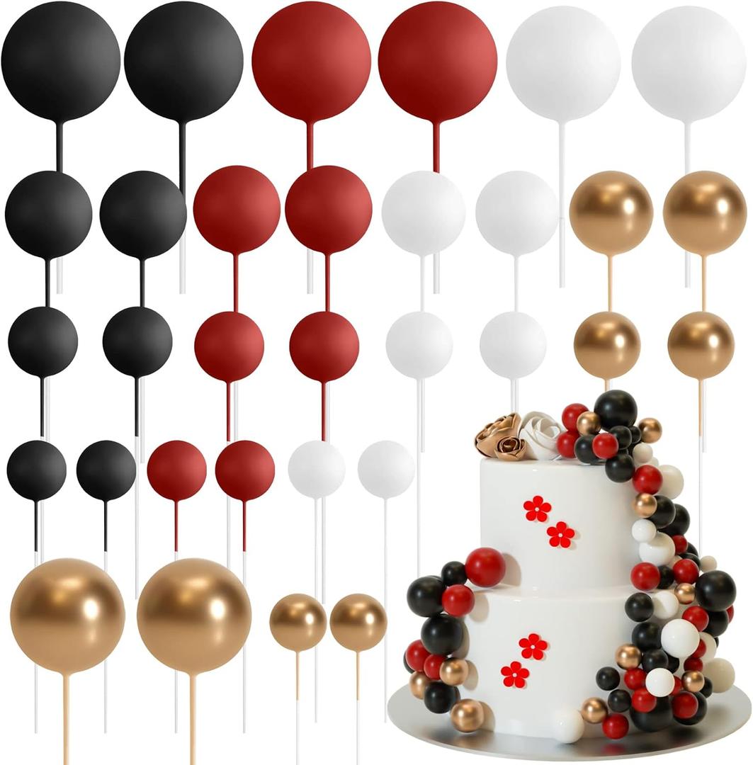 ASTARON 32 Pcs Ball Cake Topper Decorations Mini Balloons Cake Topper Sticks Foam Balls Cake Picks for Graduation Wedding Party Birthday Cake Decorating (Red Black)