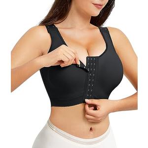 Wonderience Post-Surgical Bra Wide Adjustable Straps with Front Closure Wirefree (Medium, Black-9 Clasps)