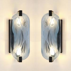 2 Pack 2 Light Oval Frosted Blue Glass Bathroom Wall Sconce Modern Concise Style Wall Light Fixture,Black Finish for Bedroom Hallway Bedside