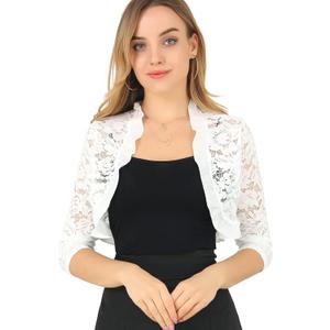 Allegra K Women's Elegant Lace Cardigan Ruffle Collar Crop 3/4 Sleeve Sheer Bolero Floral Lace Shrug Top (White, S)