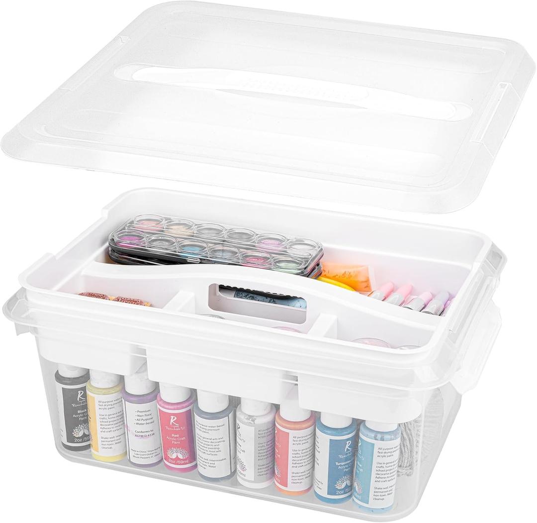 CraftGenes Craft Storage Box with Removable Tray, 20 QT Clear Plastic Organizer with Lids, White Playdoh Storage Containers for Crafts Supplies, Tools, Puzzles