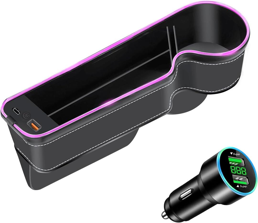7 Color Led Car Seat Gap Filler Organizer Car Seat Pocket Gap Filler with USB+C Fast Charger,Car Gap Organizer Storage 2023 Console Side Seat Gap Filler fit for Passenger Side(Black-passenger side)