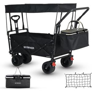 SKYMANOR Collapsible Wagon with Removable Canopy, 3-in-1 Heavy Duty Garden Cart with Big All-Terrain Wheels, Brakes, Adjustable Push Pull Handle, Cooler Bag, 300LBS Wagon Cart for Camping (Black)