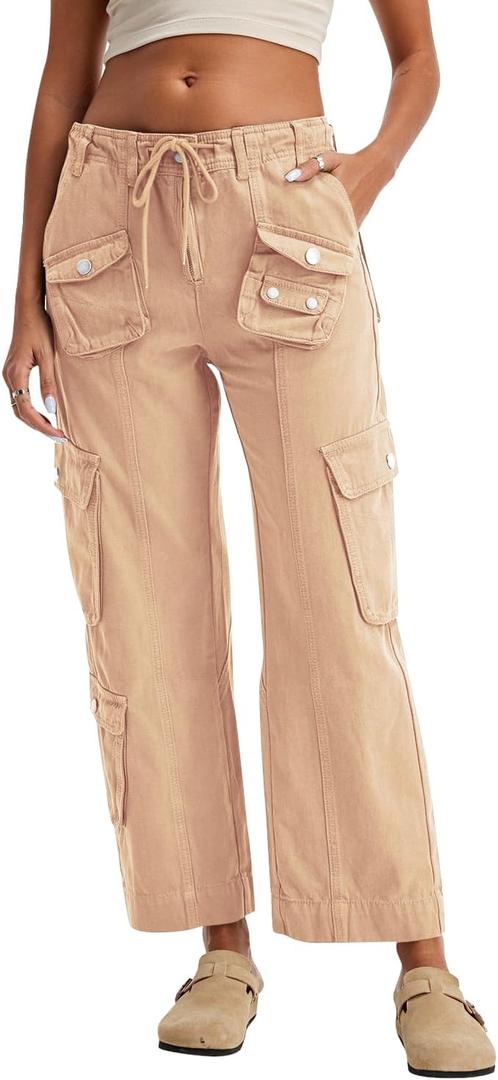 Cargo Pants for Women Low Rise Drawstring Waist 7 Pockets Hiking Work Wide Leg Pants with Zipper Button Closure Khaki