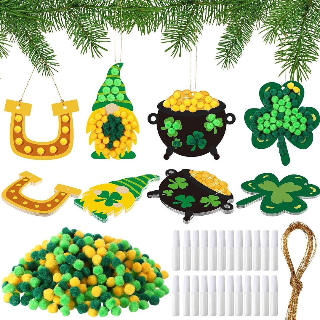 Hungdao 24 Sets St. Patrick's Day DIY Pom Poms Craft Kit St. Patrick's Day Decorations Leprechaun Trap Ornaments Lucky Clover Ornaments Kit with Pom Poms, Cards, and Glue for Party Decorations