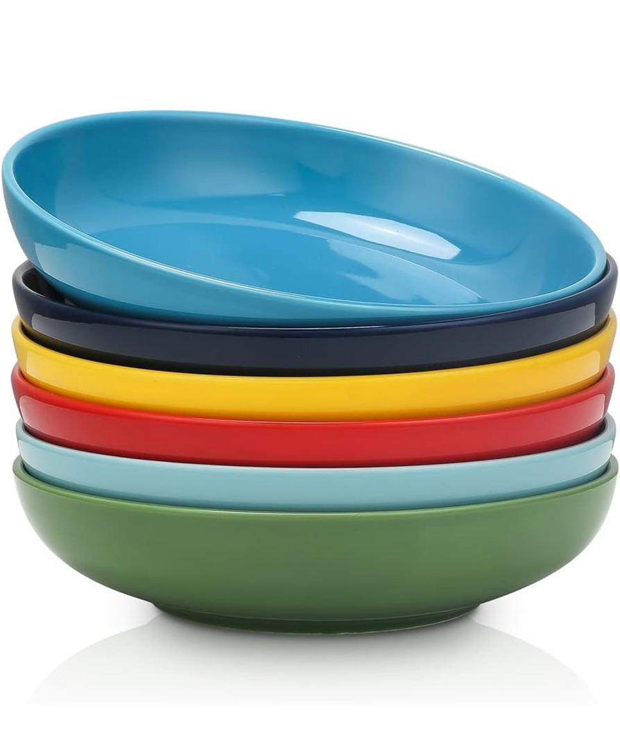 Selamica Ceramic 7.8 inch pasta bowls, 26 Ounce large serving porcelain salad soup bowls, dishwasher microwave safe, set of 6(Multi-color)
