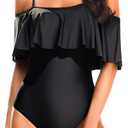 Tempt Me Women's One Piece Swimsuit Vintage Off Shoulder Ruffled Bathing Suits (Black) L