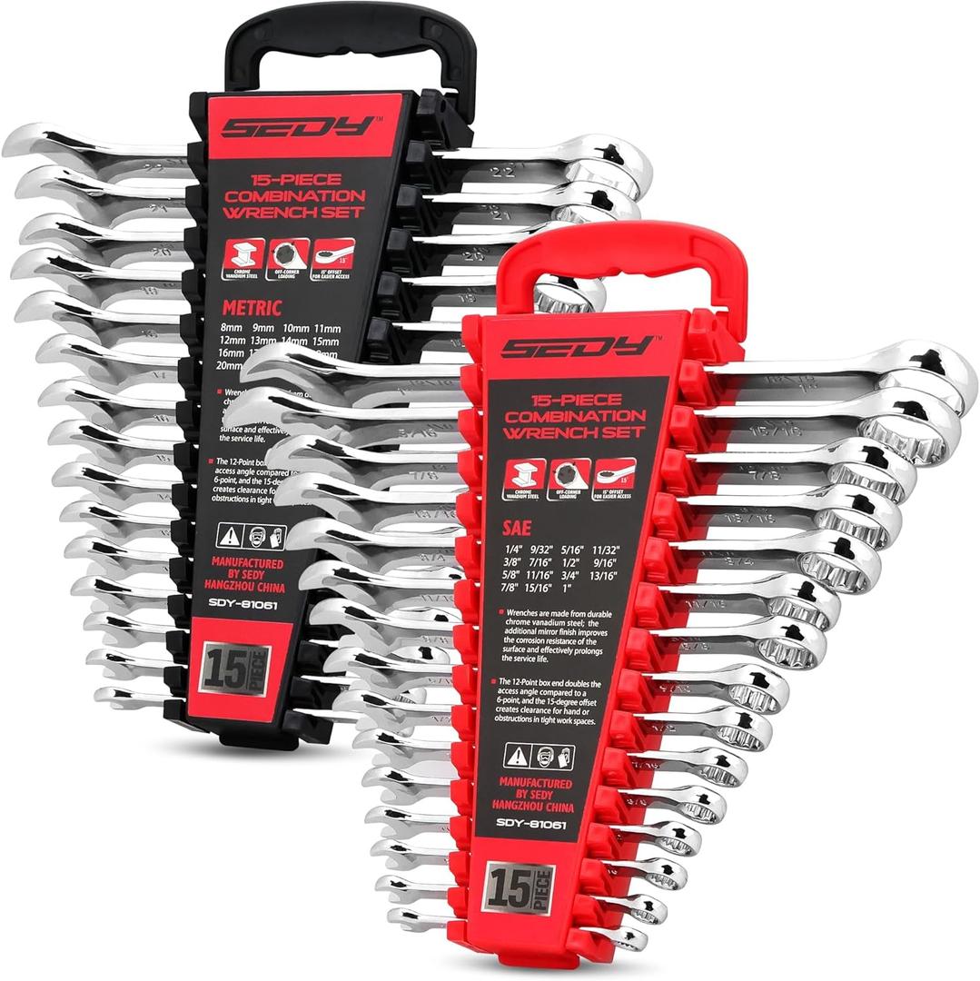 30-Piece Combination Wrench Set - Open End Wrench Set with Organizer Professional 12 Point Wrench Kit Tool for Mechanic Garages Workshops 1/4'' to 1'' & 8-22mm