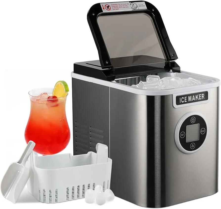 KOUDERA Countertop Ice Maker with 9 Bullet Ice, Portable Ice Maker with 26.5lb/24H, Self-Cleaning, Ice Scoop and Basket, Suit for Home/Office/Bar/Party, Silver