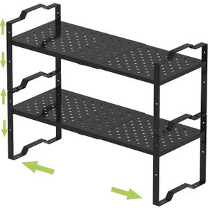 Expandable Shelf for Cabinet Organizer Adjustable Stackable Spice Rack at Kitchen and Bathroom More,Metal Plate with Hole (2 Packs/Black, Large) (LARGE: 10.1"D x 16.5"~27.1W x 10.6"H)