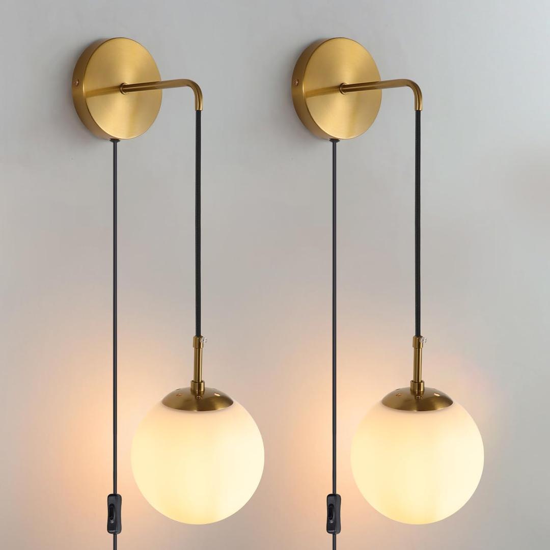 Wall Sconces Set of Two Plug in Wall Sconces Brushed Brass Gold Wall Lamp with Cord Wall Sconce Plug in with Globe White Glass Shade Sconces Set of 2 Wall Light Sconce