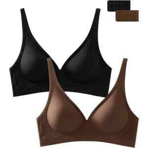Deep V Bra Low Cut Sexy Push Up Bralettes for Women Padded Comfy Smoothing Wireless Lifting Bras Seamless Bralette (Large, Zz - Black + Brown)