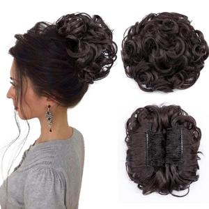 Benehair Messy Bun Hair Piece with Combs Clip in Bun Scrunchie Juva Bun Dish Fluffy Wavy Hair Updo Easy Stretch Big Chignon Short Ponytail Hairpiece for Women Brownish Black 90g