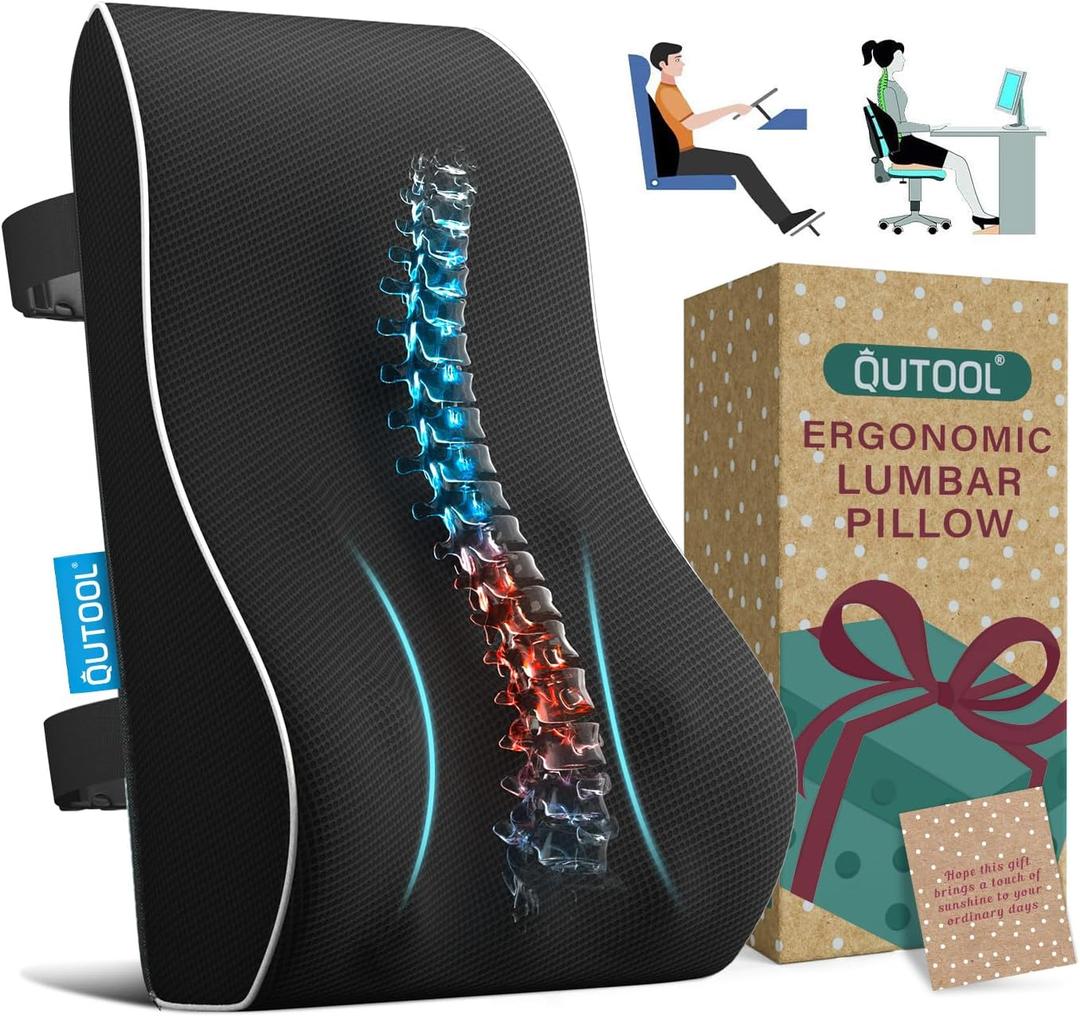 QUTOOL Lumbar Support Pillow with DIY Gift Box - Birthdays Gifts for Women Men, Ergonomic Back Support with Breathable 3D Mesh Cover, Suited for Office Chairs, Gaming ChairsCar, Home Use (Black)