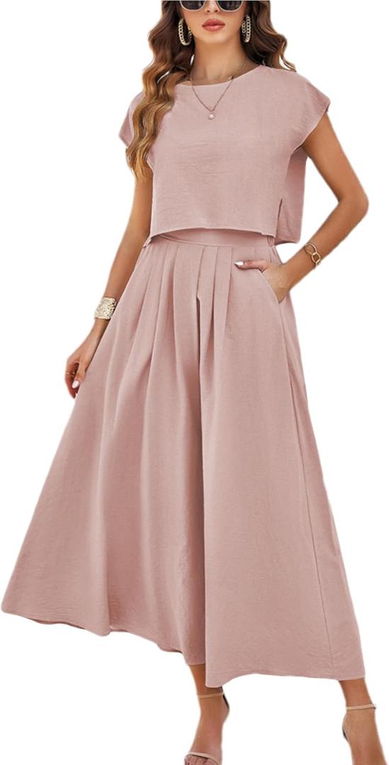 Mingzhu Womens 2 Piece Outfits Skirt Set Summer Casual Cap Sleeve Crop Tops Maxi Dress Sets with Pockets (S)