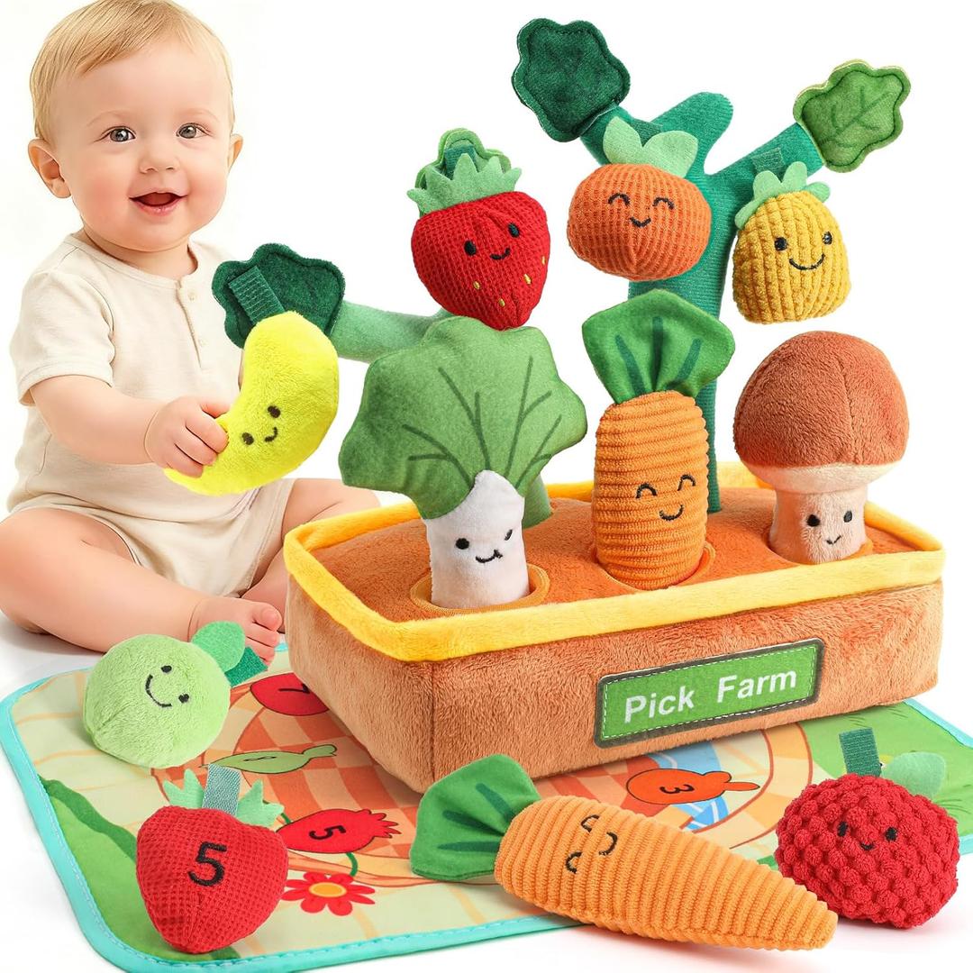 Mini Tudou Baby Toys 6-12 Months-Fruits Veggies Farm Stuffed Toys 15PCS-Sensory Educational Toy Mushroom Carrot with Rattle Squeaker Crinkle Texture Color Shape Number Matching Gifts