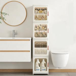 Tall Narrow Storage Cabinet with Transparent Doors and Movable Wheels,Plastic Foldable Storage Box for Small Space, Bathroom, Kitchen(4Tier,White), 4Tier-Expanded