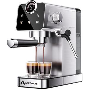 Arecovas Espresso Machine with Milk Frother, 20 Bar Compact Coffee Machine with Touch Screen & 41oz Water Tank for Home Use, Stainless Steel Espresso Coffee Maker for Americano, Cappuccino, Latte (Silver)