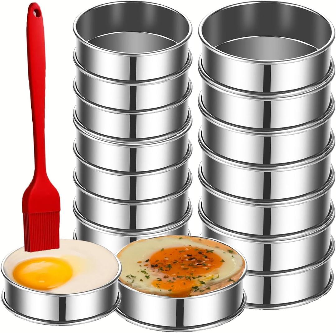 16Packs English Muffin Rings Crumpet Rings 4 inch Stainless Steel Double Rolled Tart Rings 4 inch & 3.15 inch, Round Metal Cooking Pastry Ring Molds for Cookies, Pancakes